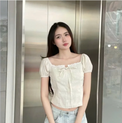 Áo Kiểu Linen Viền Ren Tay Bo